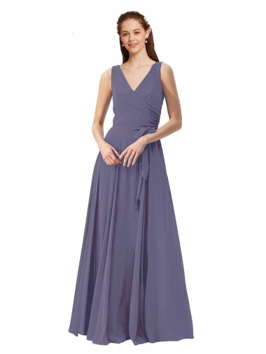 Pierre d'argent Trapèze Col V Mousseline Longue Robes demoiselle d'honneur en Gros