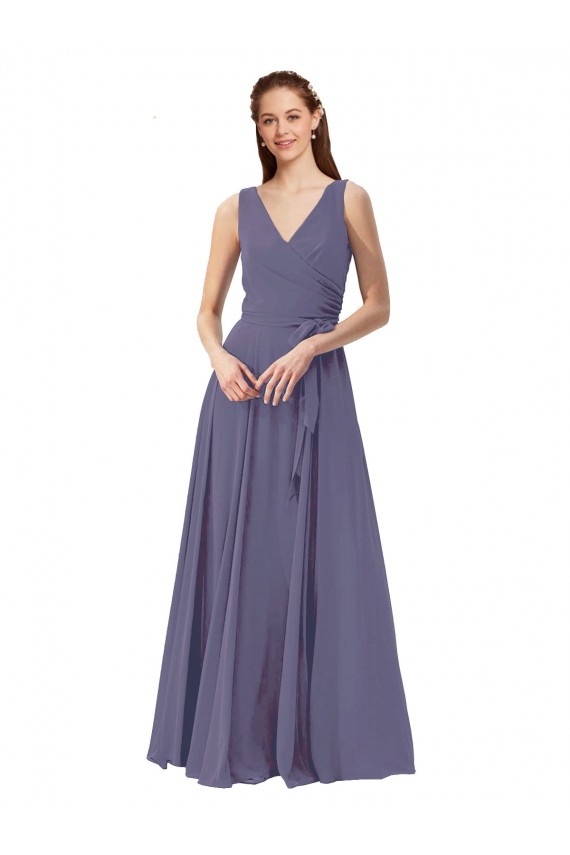 Pierre d'argent Trapèze Col V Mousseline Longue Robes demoiselle d'honneur en Gros