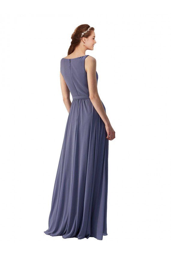 Pierre d'argent Trapèze Col V Mousseline Longue Robes demoiselle d'honneur en Gros