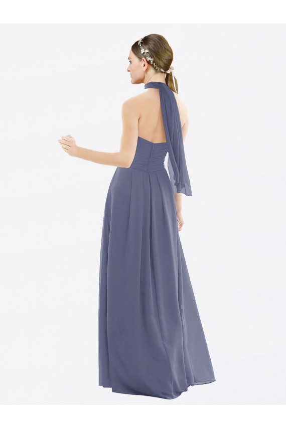 Pierre d'argent Trapèze Licou Mousseline Longue Robes demoiselle d'honneur en Gros