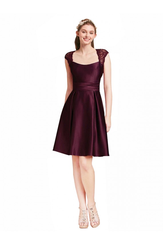 Pourpre Trapèze Col Carré Satiné Dentelle Courte Robes demoiselle d'honneur / Robes de cocktail en Gros