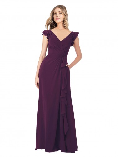 Pourpre Trapèze Col V Mousseline Longue Robes demoiselle d'honneur en Gros