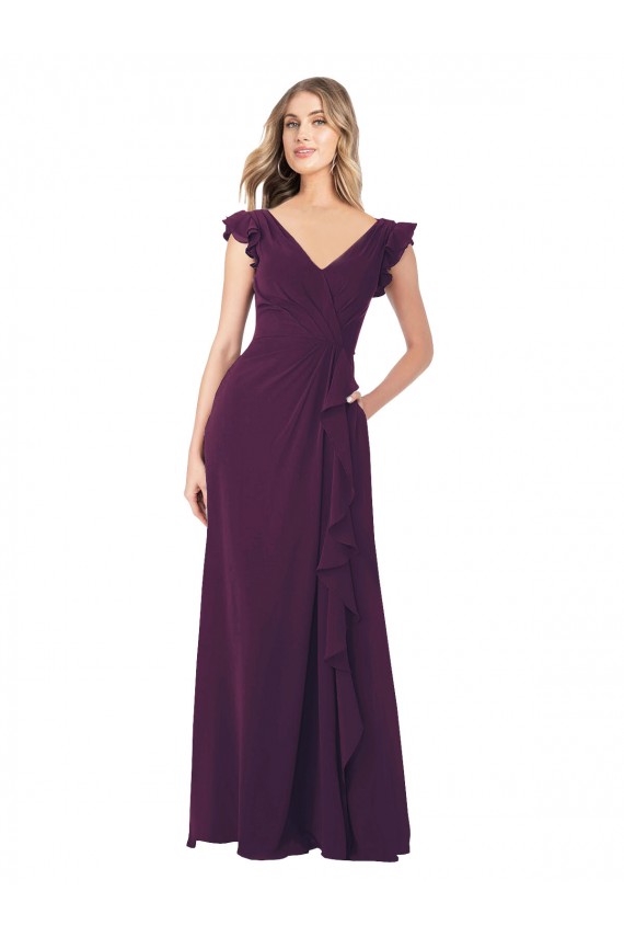 Pourpre Trapèze Col V Mousseline Longue Robes demoiselle d'honneur en Gros