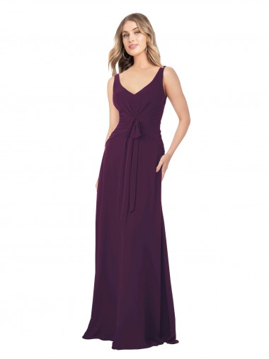 Pourpre Trapèze Col V Mousseline Longue Robes demoiselle d'honneur en Gros