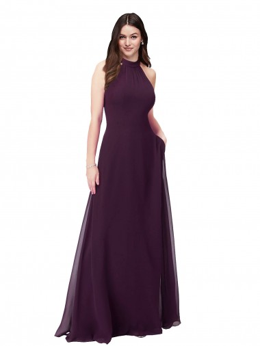 Pourpre Trapèze Licou Col Haut Mousseline Longue Robes demoiselle d'honneur en Gros
