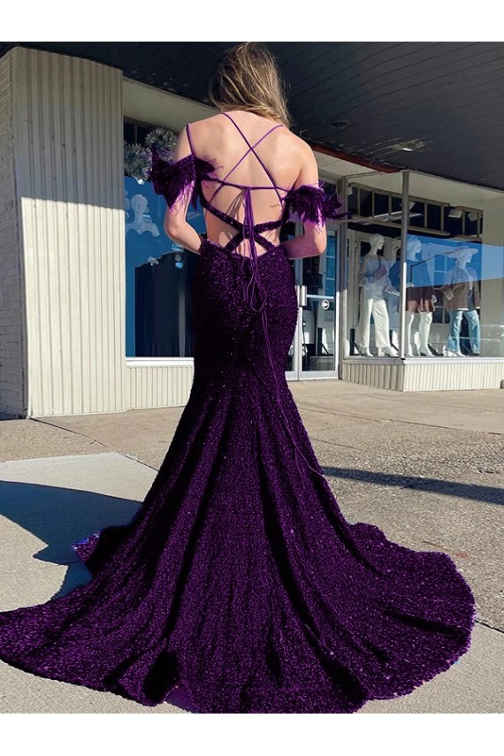 Prune Fourreau Bretelles spaghetti Col V Traîne moyenne Paillettes Velours Longue Robes de bal en Gros