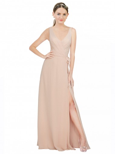 Rose 114 Trapèze Col V Mousseline Longue Robes demoiselle d'honneur en Gros