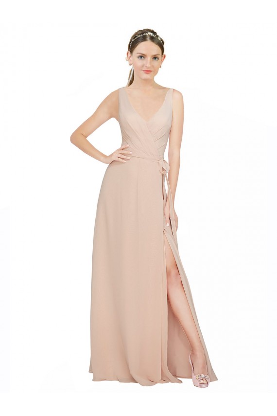 Rose 114 Trapèze Col V Mousseline Longue Robes demoiselle d'honneur en Gros