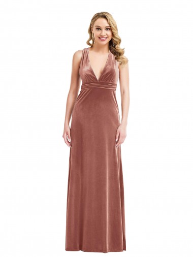 Rose Cannelle Trapèze Col V Velours Stretch Longue Formelles Robes demoiselle d'honneur / Robes de soirée / Robes de bal en Gros