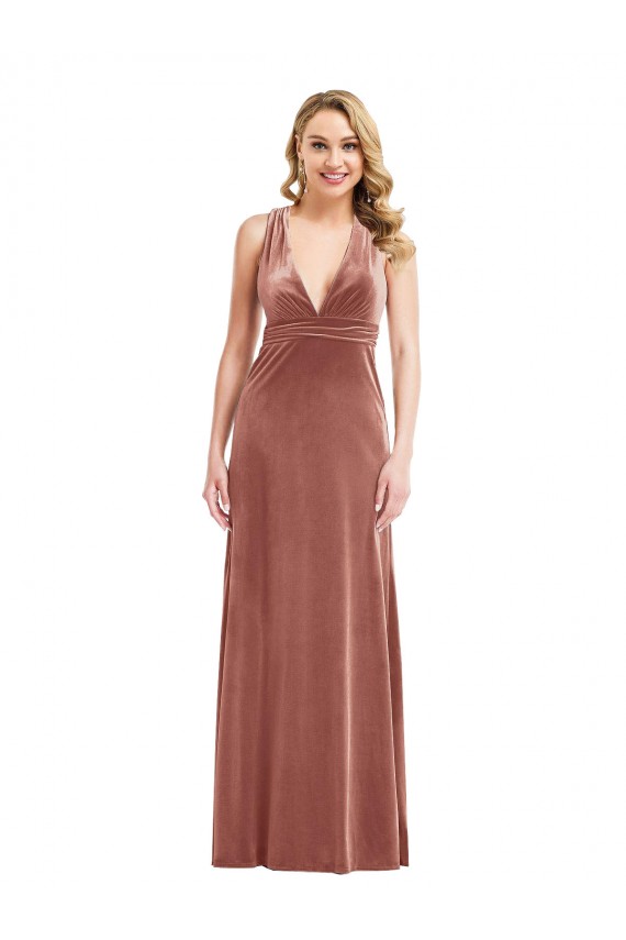 Rose Cannelle Trapèze Col V Velours Stretch Longue Formelles Robes demoiselle d'honneur / Robes de soirée / Robes de bal en Gros