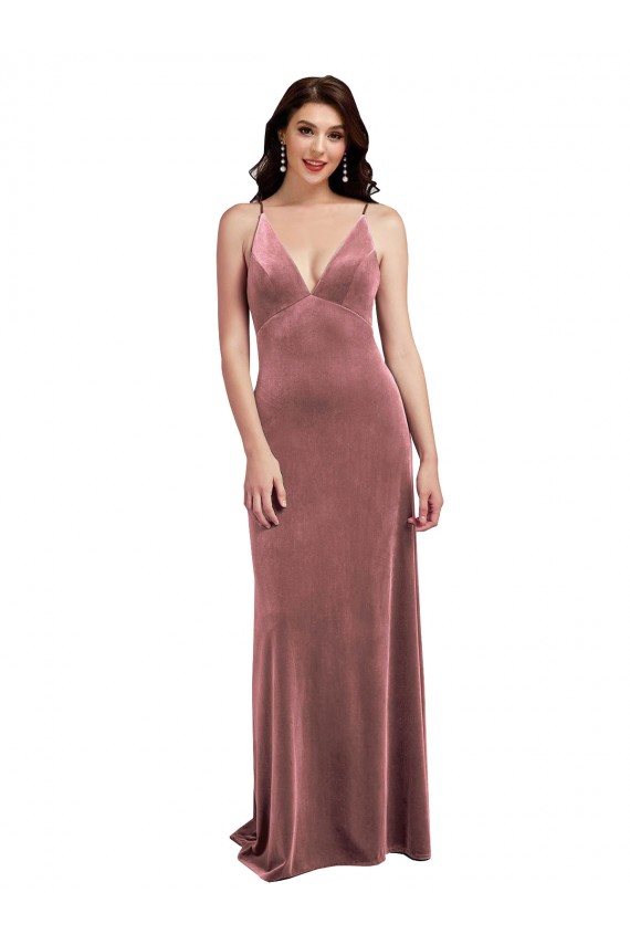 Rose Cannelle Trapèze Col V Velours Stretch Longue Formelles Robes demoiselle d'honneur / Robes de soirée / Robes de bal en Gros