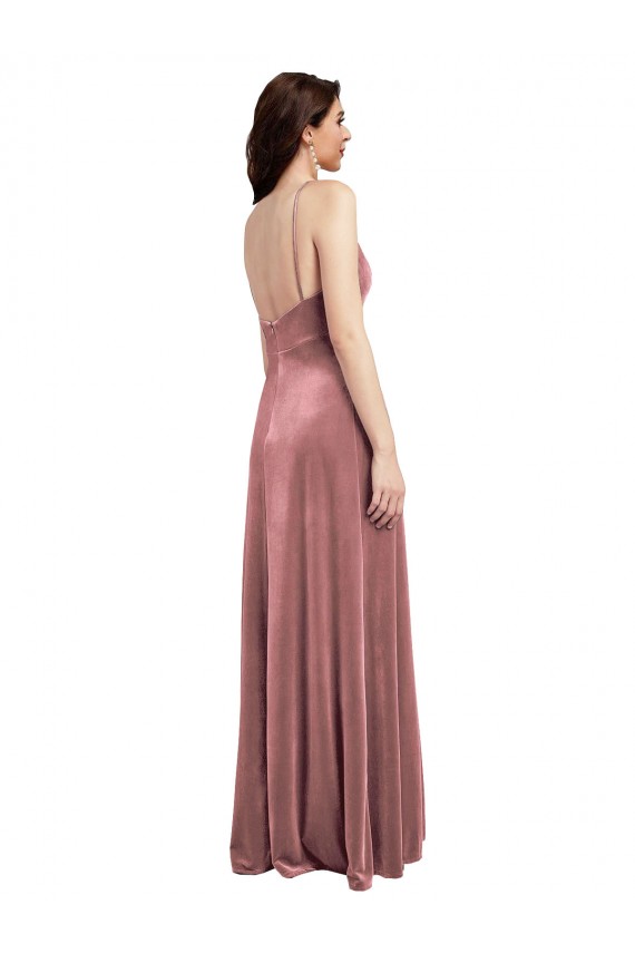 Rose Cannelle Trapèze Col V Velours Stretch Longue Formelles Robes demoiselle d'honneur / Robes de soirée / Robes de bal en Gros