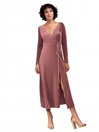 Rose Cannelle Trapèze Col V midi Velours Stretch Courte Robes demoiselle d'honneur / Robes de bal en Gros