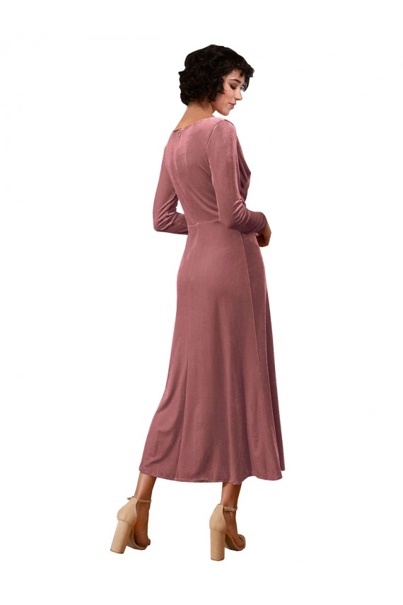 Rose Cannelle Trapèze Col V midi Velours Stretch Courte Robes demoiselle d'honneur / Robes de bal en Gros