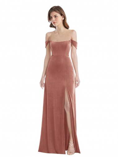 Rose Cannelle Trapèze Épaule Dénudée Velours Stretch Longue Robes demoiselle d'honneur / Robes de bal en Gros