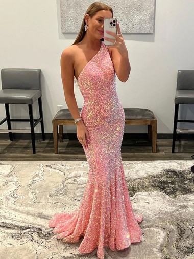 Rose Fourreau Balayage train Paillettes Velours Longue Robes de bal en Gros