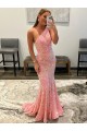 Rose Fourreau Balayage train Paillettes Velours Longue Robes de bal en Gros