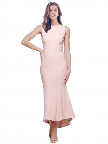 Rose Fourreau Col Haut midi Crêpe Stretch Courte Asymétrique Robes demoiselle d'honneur / Robes de soirée / Robes de cocktail en Gros