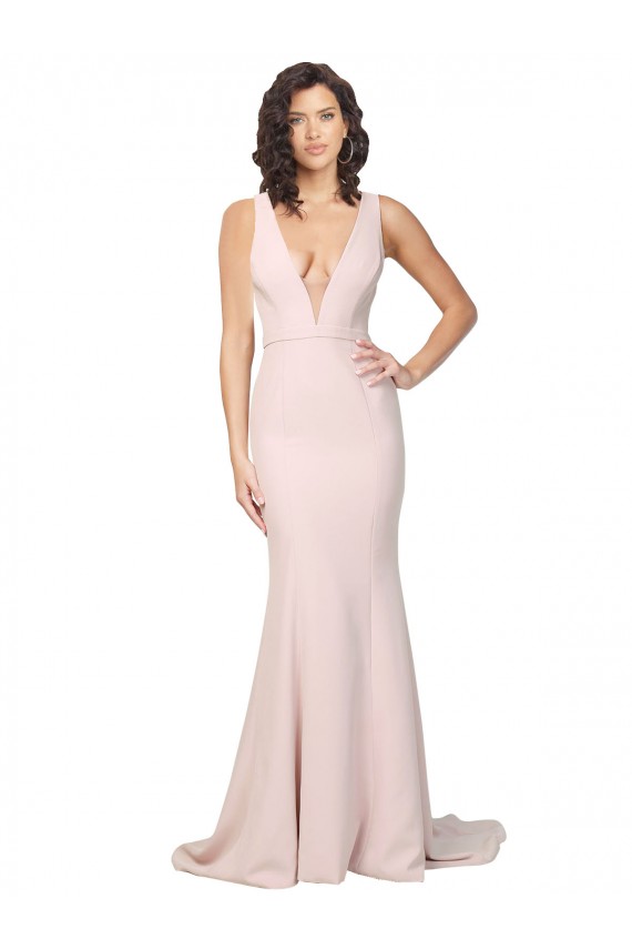 Rose Fourreau Col V Balayage train Crêpe Stretch Longue Formelles Robes demoiselle d'honneur / Robes de soirée / Robes de bal en Gros