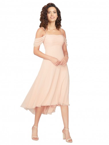 Rose Glacé Trapèze Col Carré midi Mousseline Courte Asymétrique Robes demoiselle d'honneur en Gros
