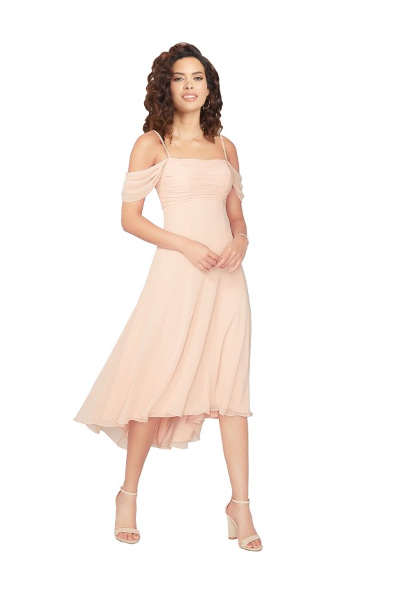 Rose Glacé Trapèze Col Carré midi Mousseline Courte Asymétrique Robes demoiselle d'honneur en Gros