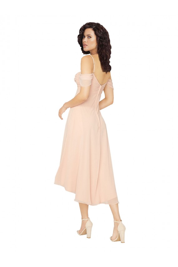 Rose Glacé Trapèze Col Carré midi Mousseline Courte Asymétrique Robes demoiselle d'honneur en Gros