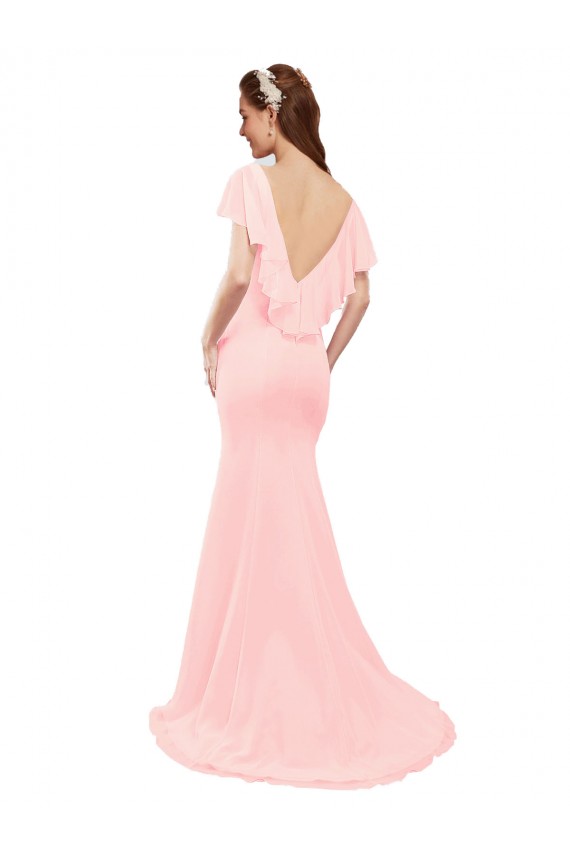 Rose Sirène Col V Mousseline Longue Robes demoiselle d'honneur en Gros