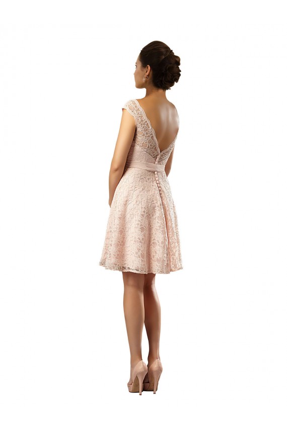 Rose Trapèze Bateau Illusion Mousseline Dentelle Courte Robes demoiselle d'honneur en Gros