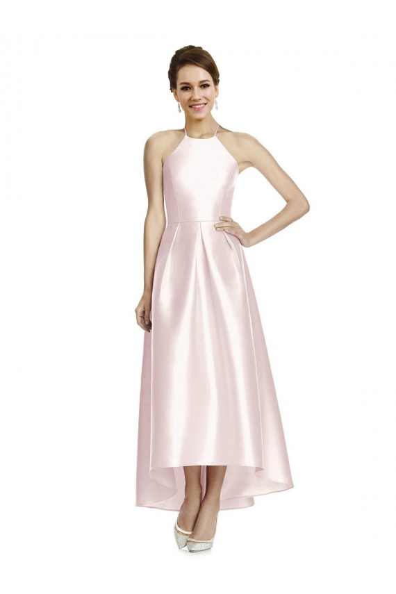 Rose Trapèze Bretelles spaghetti Satiné Longue Asymétrique Robes demoiselle d'honneur en Gros