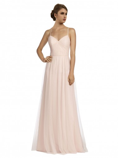 Rose Trapèze Bretelles spaghetti Tulle Longue Robes demoiselle d'honneur en Gros