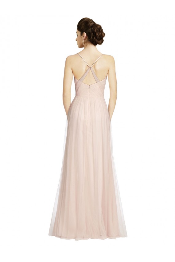 Rose Trapèze Bretelles spaghetti Tulle Longue Robes demoiselle d'honneur en Gros