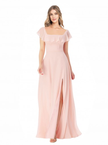 Rose Trapèze Col Carré Mousseline Longue Robes demoiselle d'honneur en Gros
