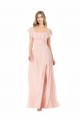 Rose Trapèze Col Carré Mousseline Longue Robes demoiselle d'honneur en Gros
