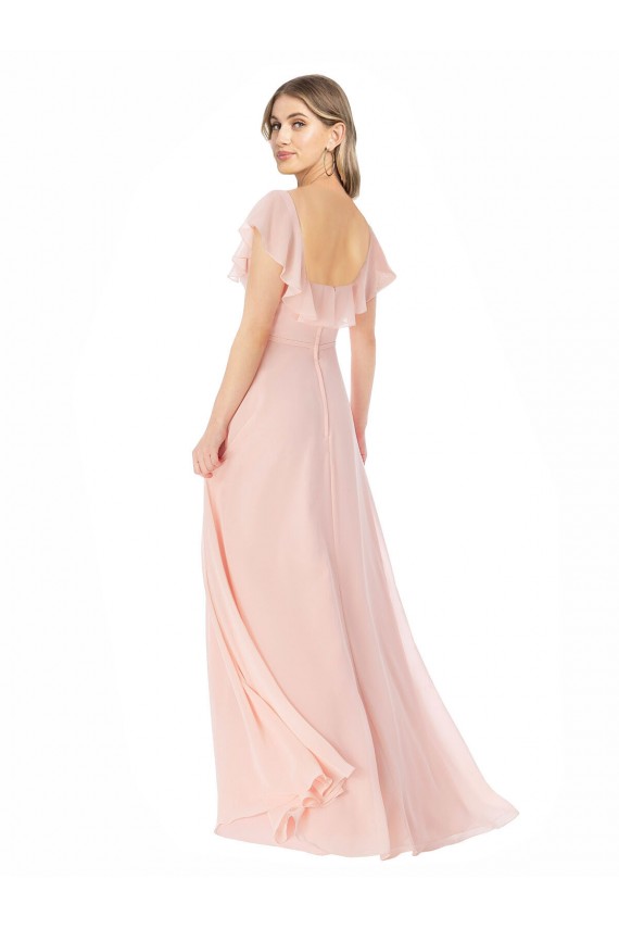 Rose Trapèze Col Carré Mousseline Longue Robes demoiselle d'honneur en Gros