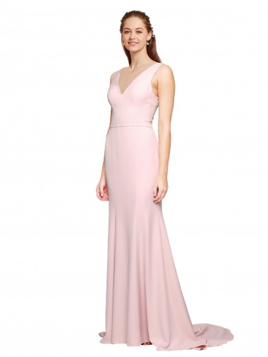 Rose Trapèze Col V Balayage train Crêpe Stretch Longue Robes demoiselle d'honneur / Robes de bal en Gros