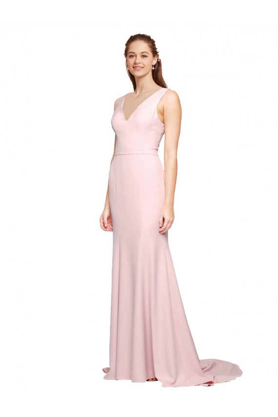 Rose Trapèze Col V Balayage train Crêpe Stretch Longue Robes demoiselle d'honneur / Robes de bal en Gros