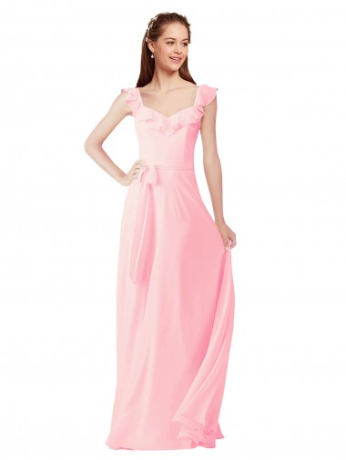 Rose Trapèze Col V Mousseline Longue Robes demoiselle d'honneur en Gros