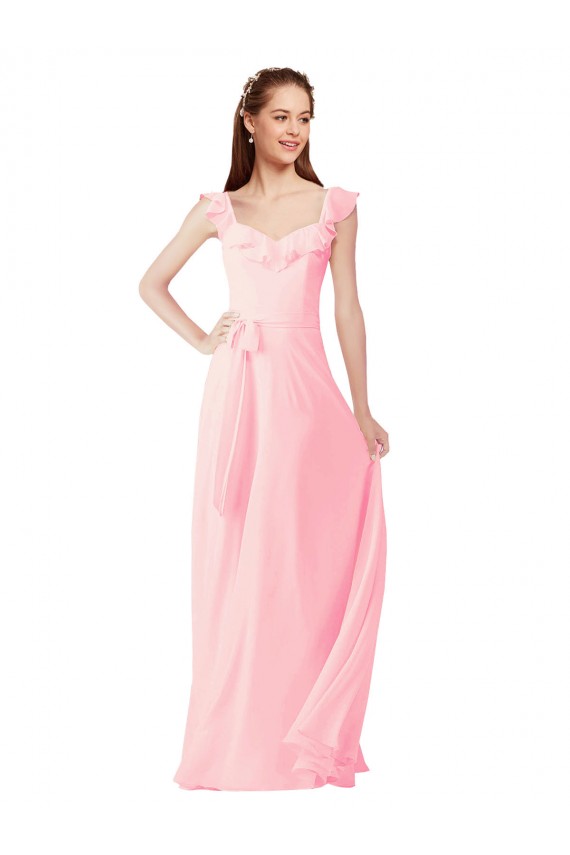 Rose Trapèze Col V Mousseline Longue Robes demoiselle d'honneur en Gros