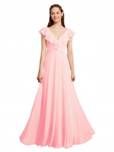 Rose Trapèze Col V Mousseline Longue Robes demoiselle d'honneur en Gros