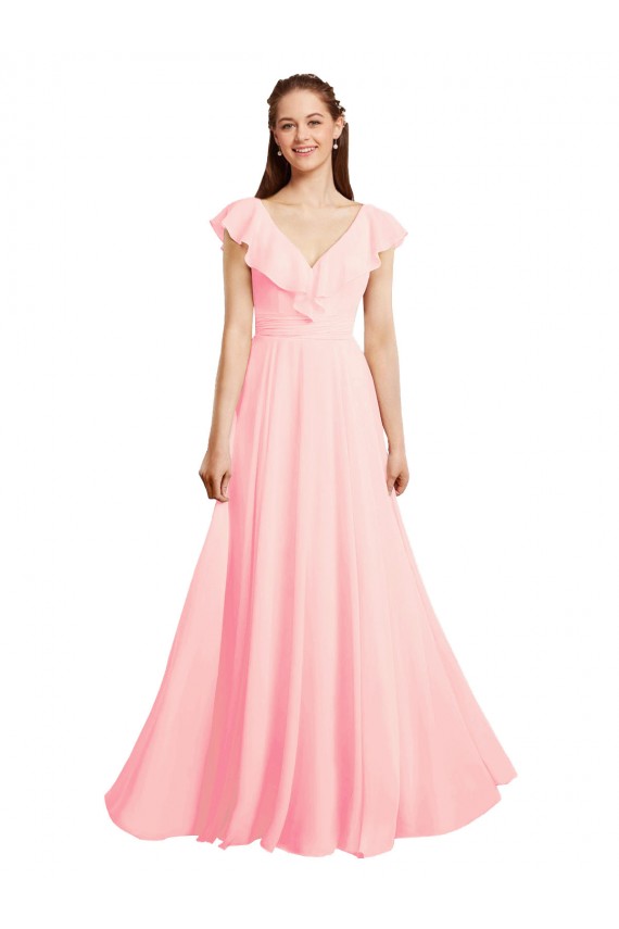 Rose Trapèze Col V Mousseline Longue Robes demoiselle d'honneur en Gros