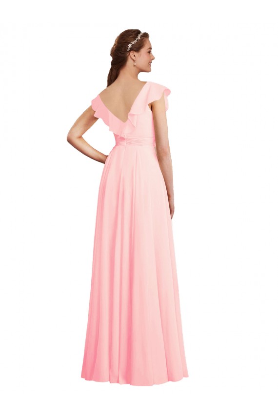 Rose Trapèze Col V Mousseline Longue Robes demoiselle d'honneur en Gros