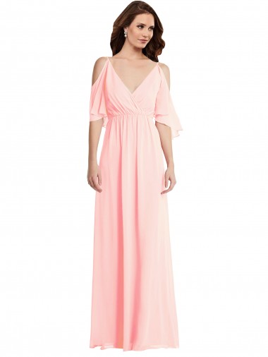 Rose Trapèze Col V Mousseline Longue Robes demoiselle d'honneur en Gros