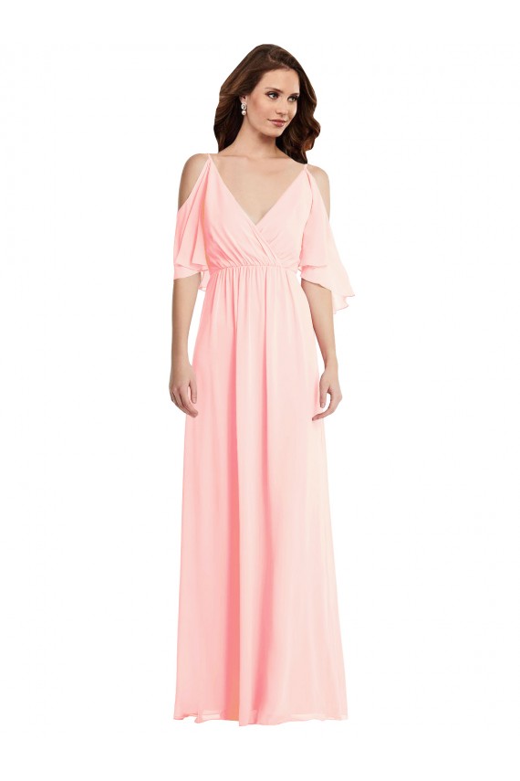 Rose Trapèze Col V Mousseline Longue Robes demoiselle d'honneur en Gros