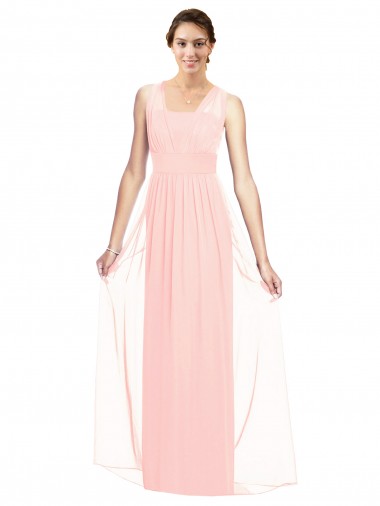 Rose Trapèze Col V Mousseline Longue Robes demoiselle d'honneur en Gros