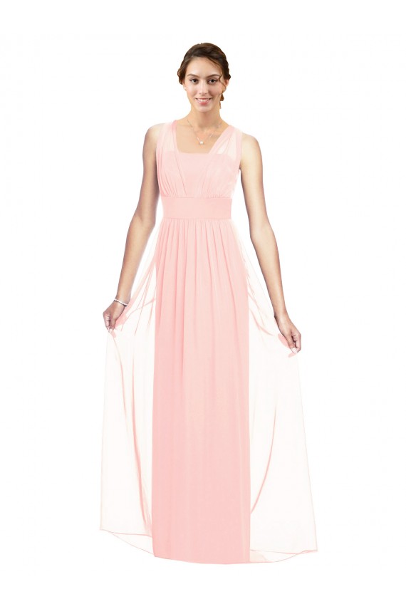 Rose Trapèze Col V Mousseline Longue Robes demoiselle d'honneur en Gros