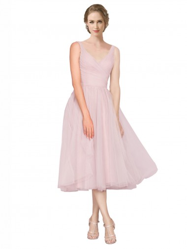 Rose Trapèze Col V Tulle Courte Robes demoiselle d'honneur / Robes de cocktail en Gros