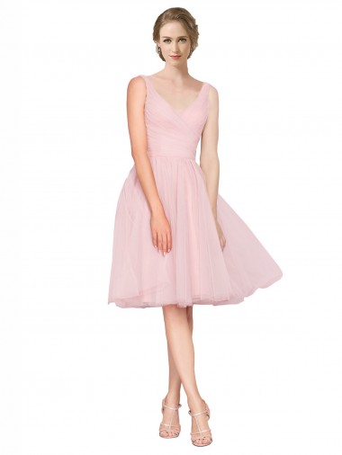 Rose Trapèze Col V Tulle Courte Robes demoiselle d'honneur / Robes de cocktail en Gros