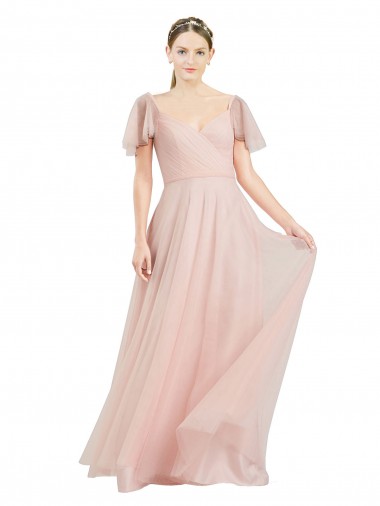 Rose Trapèze Col V Tulle Longue Robes demoiselle d'honneur en Gros