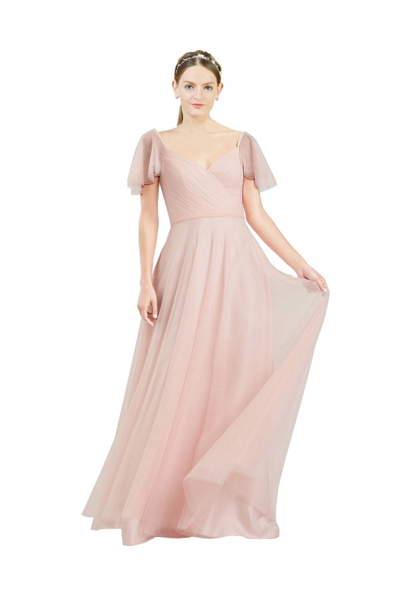 Rose Trapèze Col V Tulle Longue Robes demoiselle d'honneur en Gros