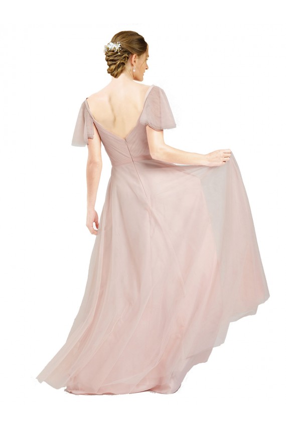 Rose Trapèze Col V Tulle Longue Robes demoiselle d'honneur en Gros